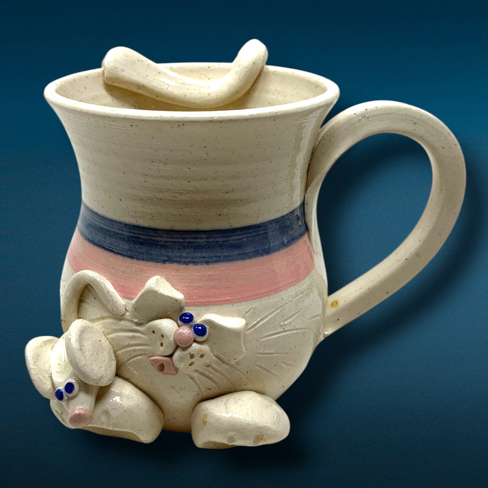 Francine Zajac Handmade Studio Pottery Art 3D Whimsical Cat & Mouse Coffee Mug
